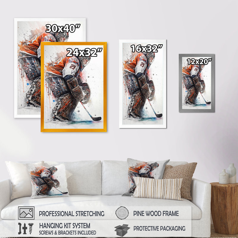 Gardien de but pendant le match de hockey IV - Impression sur toile, H 32 po x l 24 po x P 1 po, Cadre photo noir