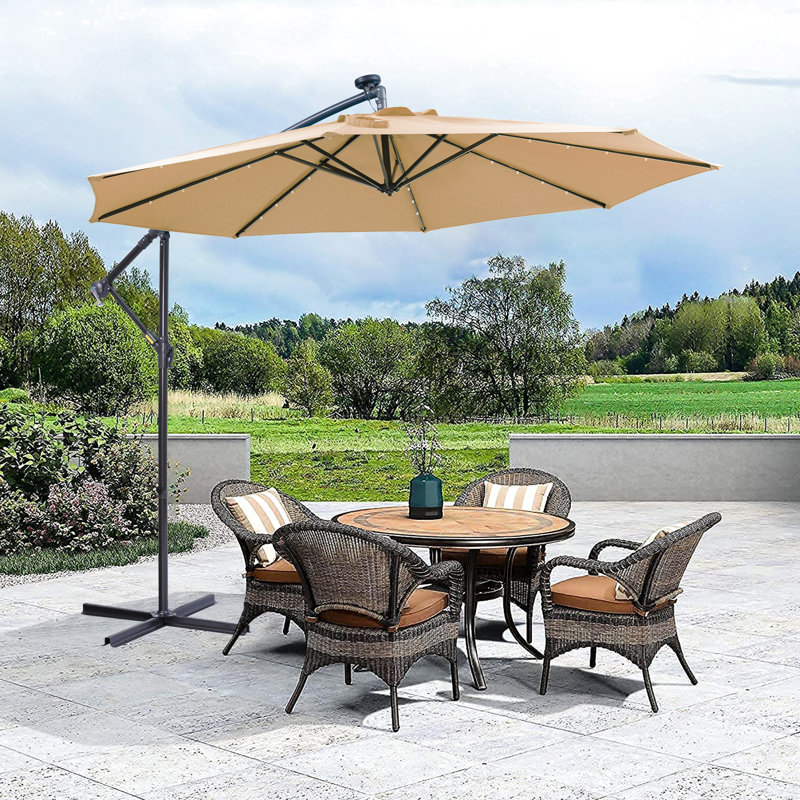 Parasol décalé 32 lumières DEL - Taupe Structure, matériau respirant, patio inclinable de 10 pi avec structure, auvent à décoloration, système de manivelle pratique