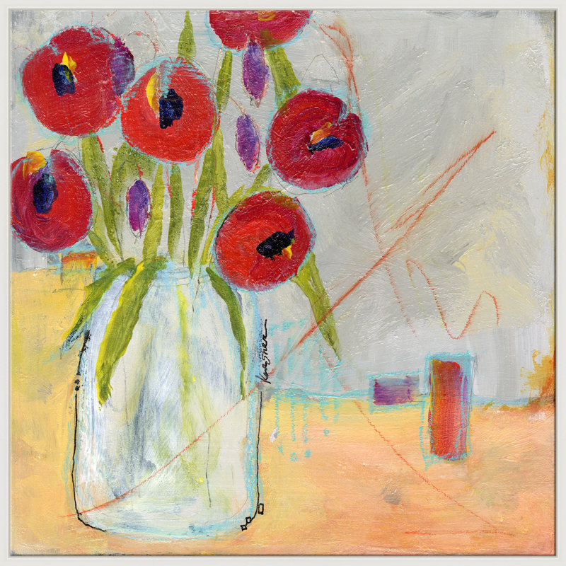 Coquelicots rouges par Jill Krasner, Cadre simple blanc, H 41,5 po x l 41,5 po x P 2,6 po