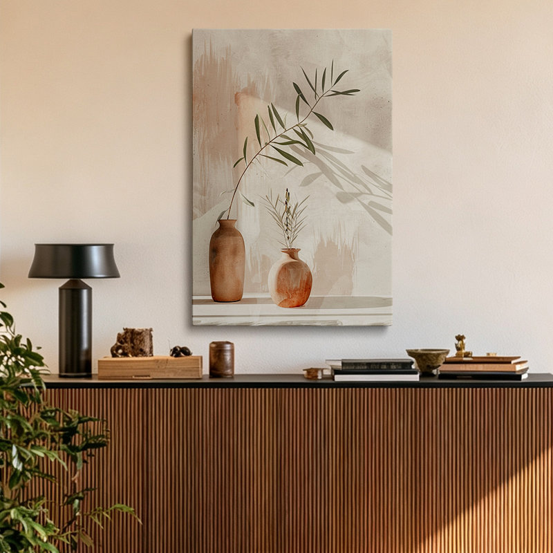 Décoration murale bohème et neutre à base de branches d'olivier dans un vase en céramique (91 x 61 cm) - Salon, 36" H×24" W