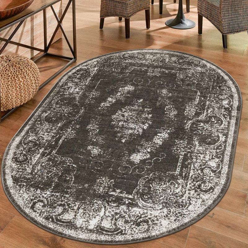 Clevinger Oriental Charcoal Area Rug, Oval 6'1" x 9'