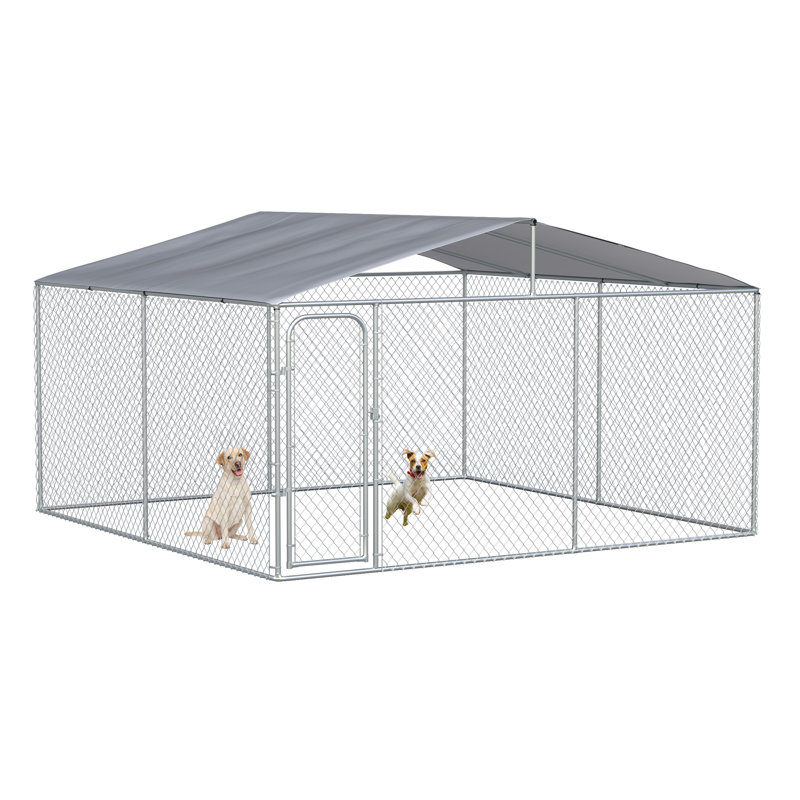 Chenil d'extérieur pour chien, clôture d'extérieur pour chien robuste avec couvercle imperméable, maillon de chaîne galvanisé, verrou sécuritaire, pour les grandes races, les poulets, les canards, 13 pi x 13 pi x 7,5 pi