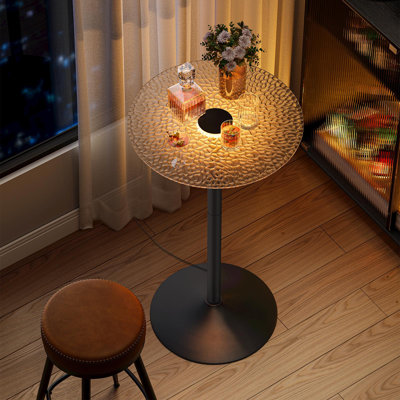 Bar Table, Round Cocktail Table with Multi-Coloured Lights and Glass Top, Large Steel Base