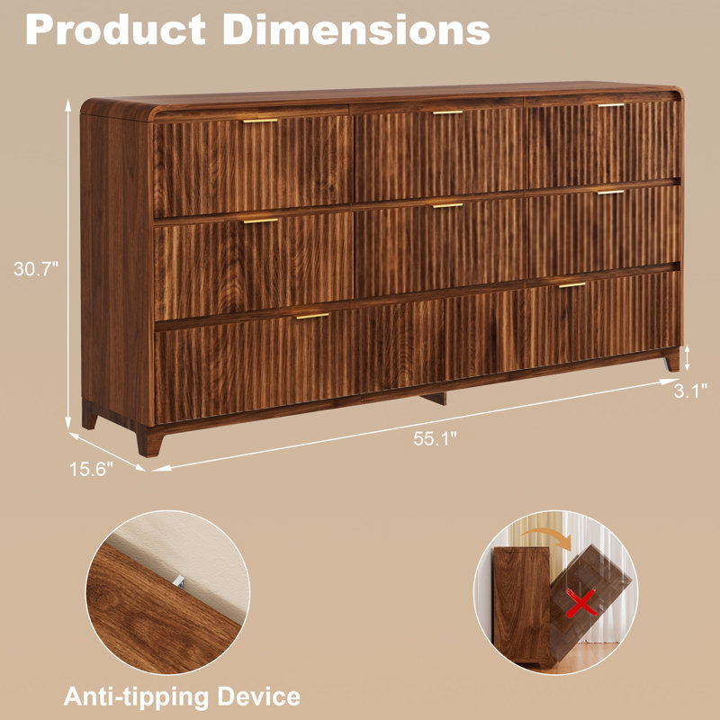 Fluted 8 Drawer Dresser for Bedroom, 55.1" Wide Modern Wood Chest of Drawers with Metal Handle for Living Room, Walnut