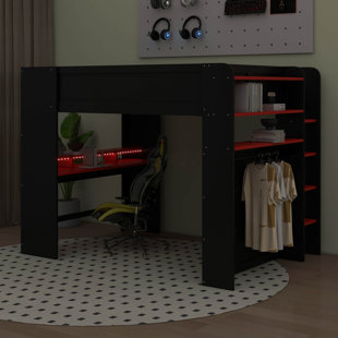 Lit mezzanine double avec bureau à hauteur réglable, garde-robe et lumière RVB