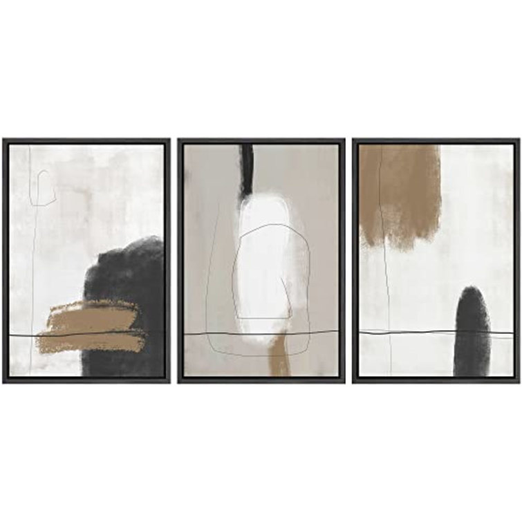 SIGNLEADER Neutral Framed Canvas Print Wall Art Set Grunge Brown White  Paint Strokes Abstract Shapes Illustrations