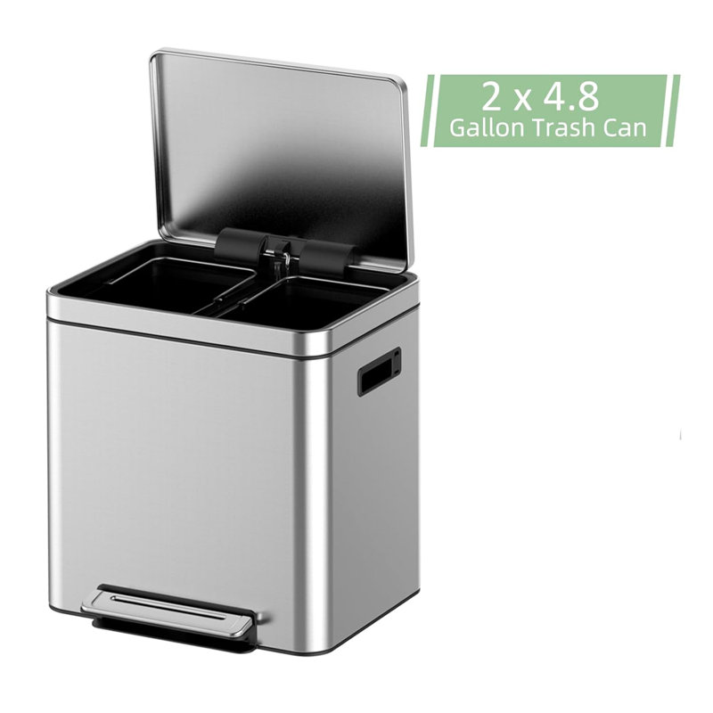 Trash Can, Rectangular Garbage Can With Soft-close Foot Pedal, Double Compartment Classified Garbage Can, Stainless Steel Trash Can With Metal Lid & Removable Inner Bucket