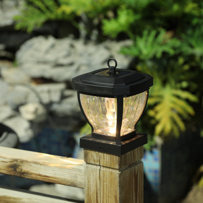 Solar Powered Integrated LED Outdoor Post Cap Light with Ripple Glass Shade & Hanging Ring, 3000K Warm White