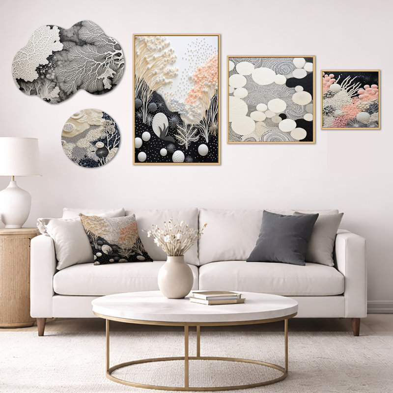 Ensemble de 5 décorations murales noires et blanches, corail, gris et bord de mer, toile et métal (100 po x 40 po)