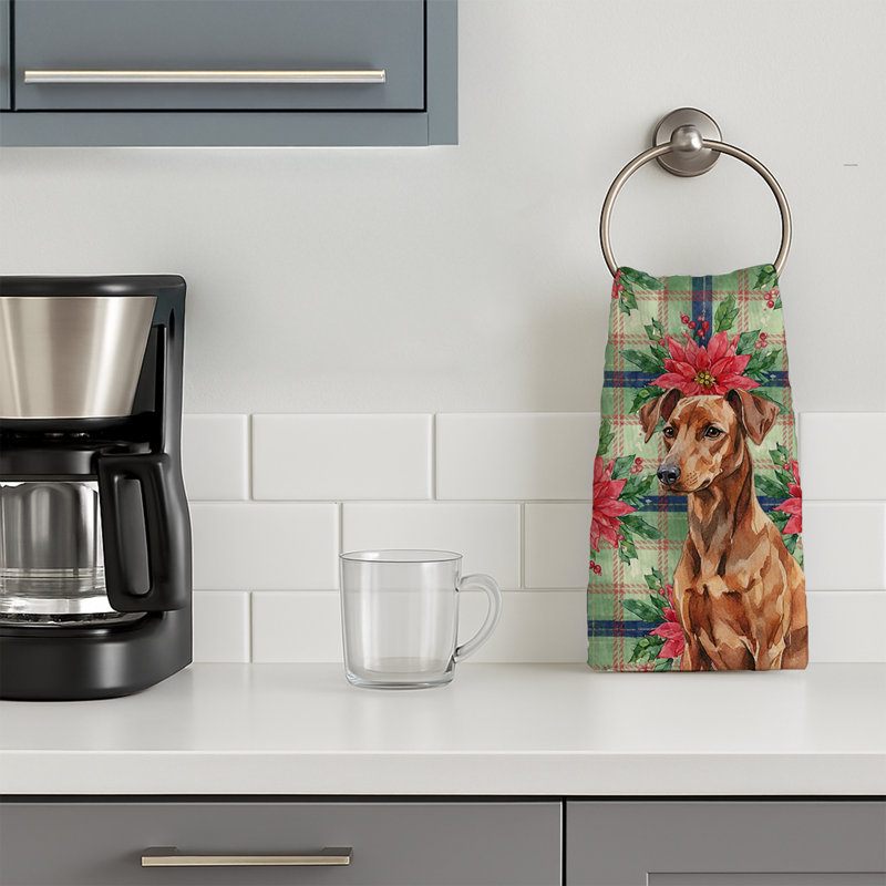 Red German Pinscher Christmas PoinsettIas Kitchen Towel, Red German Pinscher