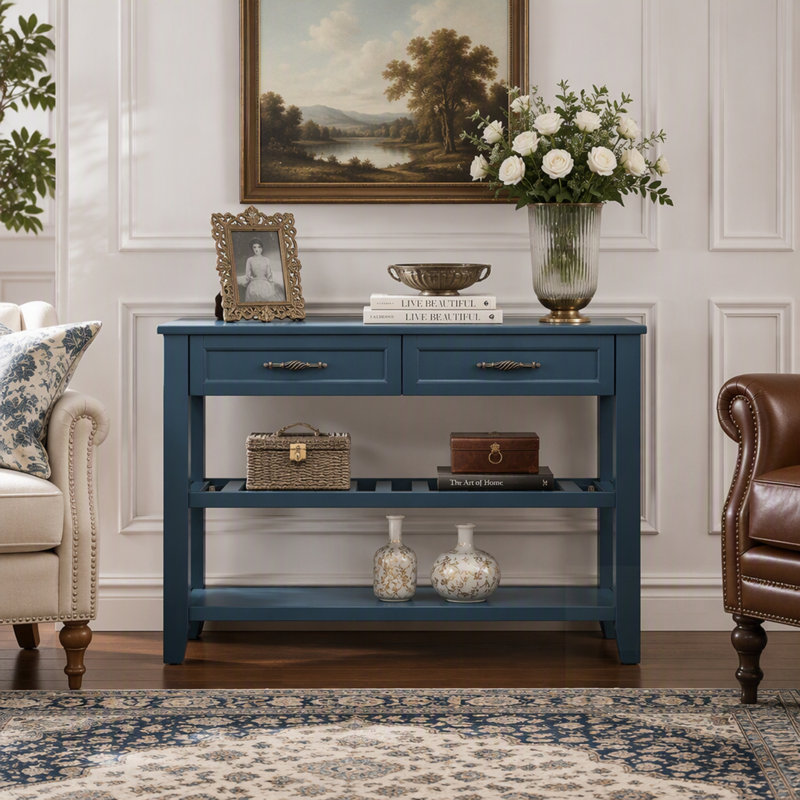 Console en bois massif de style Mid-Century avec 2 tiroirs et 2 tablettes, bleu marine, idéale pour le salon et le vestibule