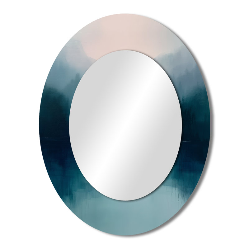 Monochromes gris, bleu, pluvieux, montagne, hiver, jours II - miroir décoratif ovale sur métal, 43 po x 33 po