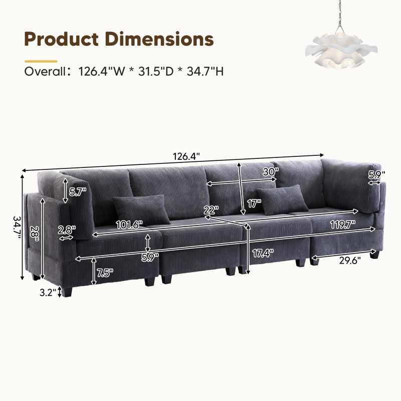 Canapé d'angle surdimensionné en velours côtelé 95,6 po, Velours côtelé gris foncé