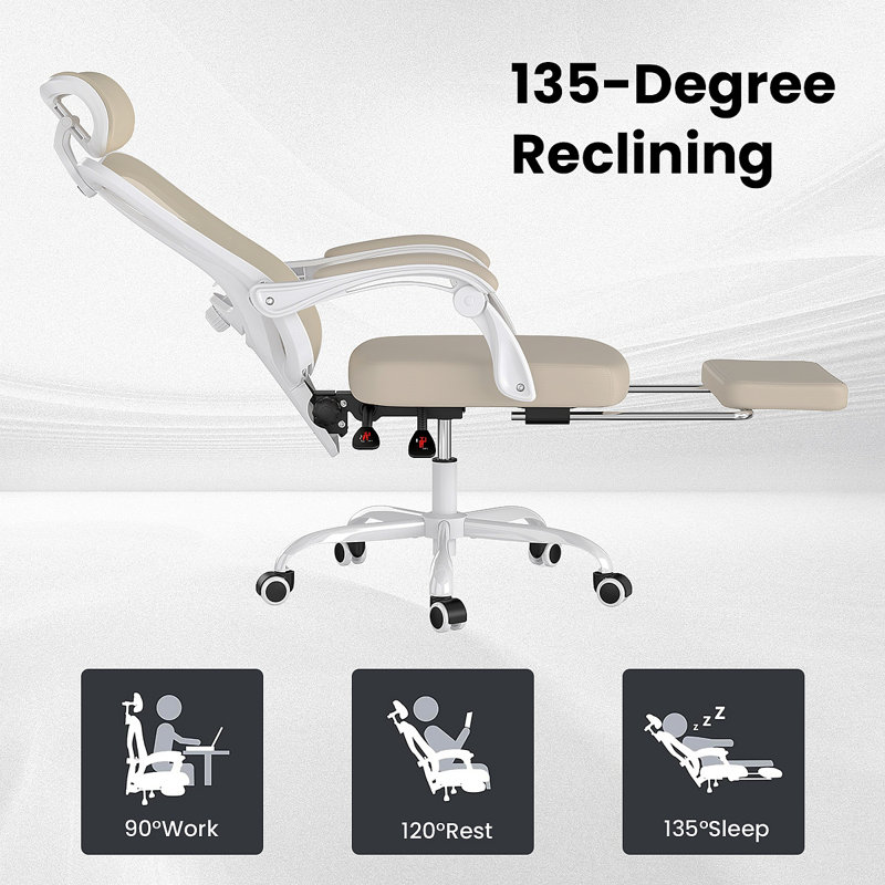 Ergonomic Office Chair With Footrest, Mesh Office Desk Chair With Headrest, High Back Computer Chair With Adjustable Lumbar Support For Home Office Study Room Bedroom, White & Kakhi