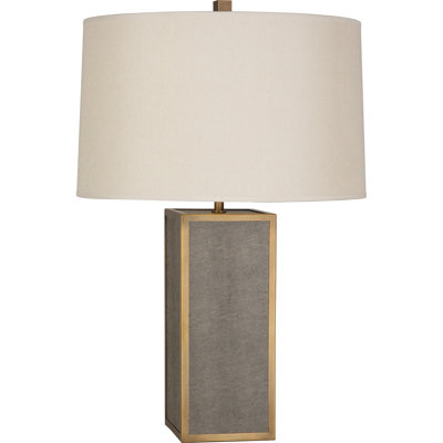 Élégante lampe de table en fausse peau de serpent brune avec accents en laiton vieilli et abat-jour Dupioni taupe - Luminaire élégant pour la décoration intérieure
