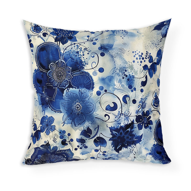 Coussin décoratif intérieur / extérieur Porcelain Petal Whispers, 16"H x 16"W, Blue/Beige