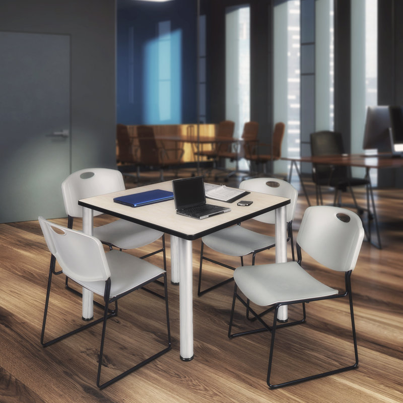 Kee Square Breakroom Table Top, 4 Zeng Stack Chairs, Chrome, 29" H x 42" W x 42" D, Maple