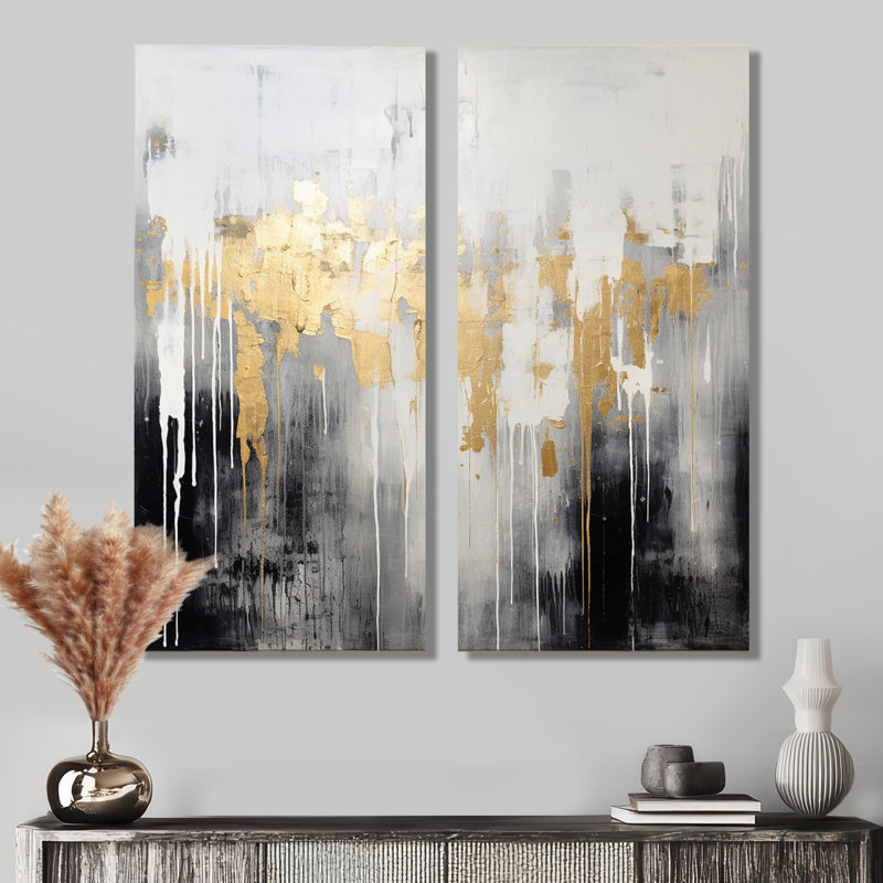 Dripping or blanc gris noir or - abstrait, art abstrait doré 2 panneaux, H 32 po x l 32 po, Toile tendue, Ne s’applique pas