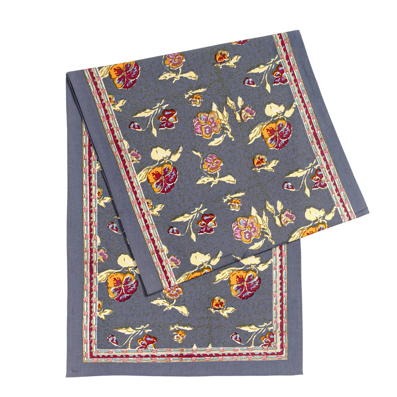 Pansy Handmade Floral Table Runnner, 90" W x 16" L, Grey