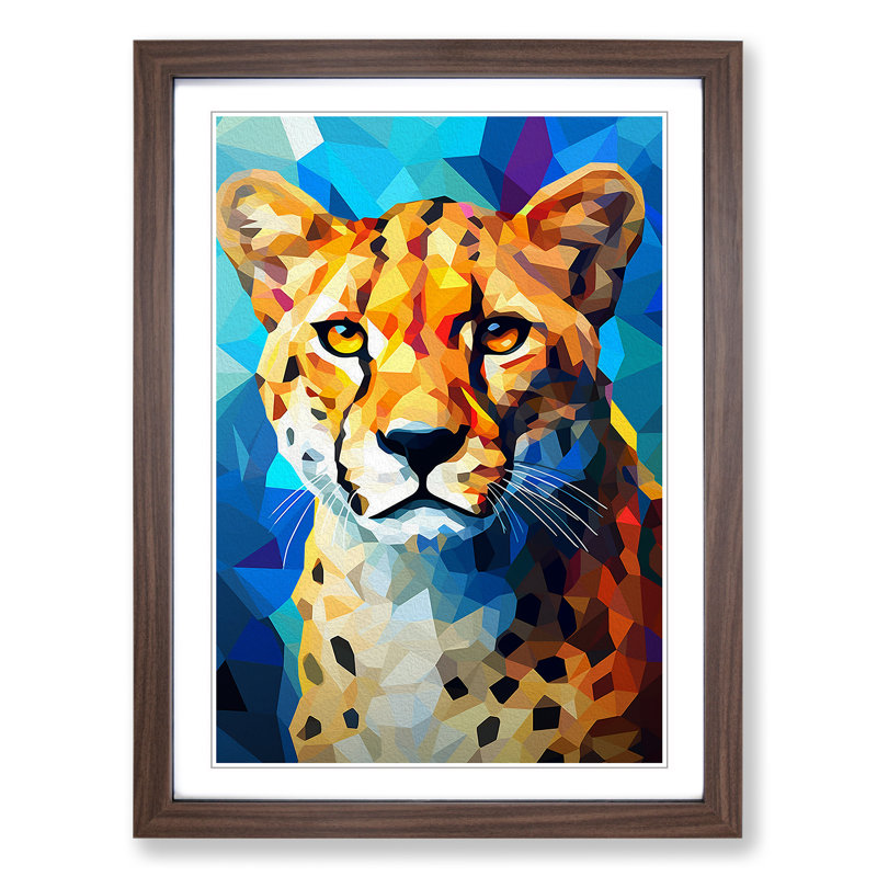 Cheetah Cubism No.2 - Single Picture Frame Print on Wood, 46cm H x 34cm W x 2cm D, Walnut