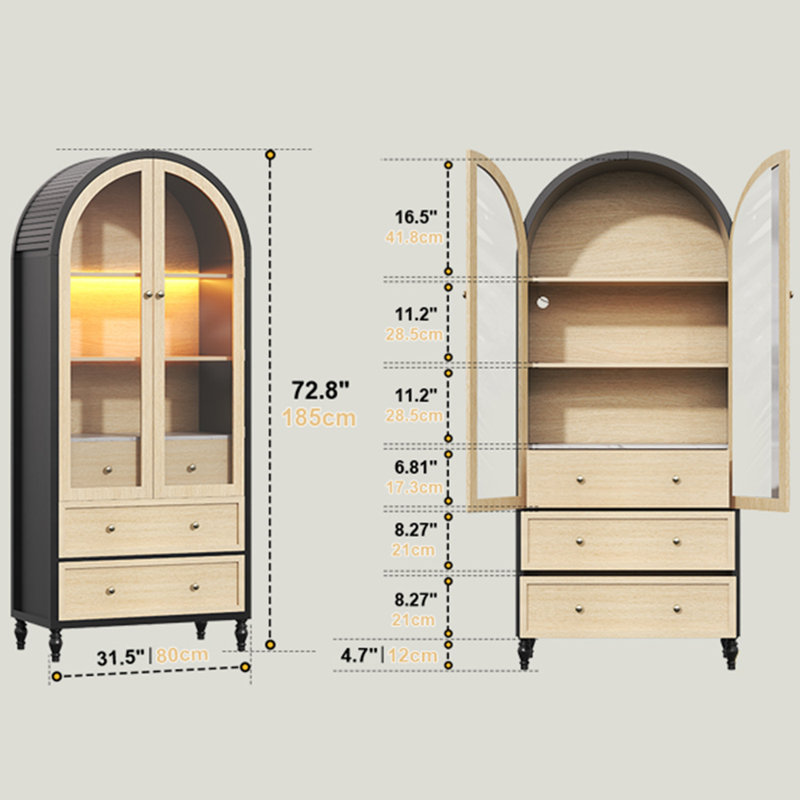 73 Inch Tall Arched Storage Cabinet With Doors Arched Pantry Led Lighted Display Cabinet Bookshelf