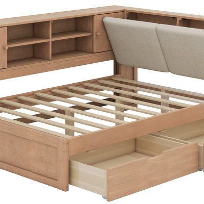 Wooden L-Shaped Daybed Corner Bed Under-Bed Drawers With Storage Bookcase And Upholstered Headboard And USB Charging Ports
