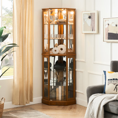 Armoire vitrée en chêne 72 "avec lumières, miroir, étagère réglable à 6 tablettes