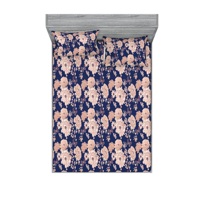 Drap-housse et taies décoratives 3 pièces Ambesonne, Indigo / motif floral rose pâle