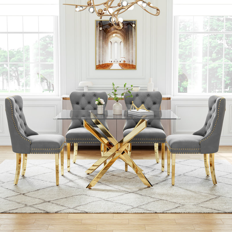 Modern Glass Dining Table Set For 4, 50" Rectangular Tempered Glass Dining Table With Velvet Upholstered Seats, Gold