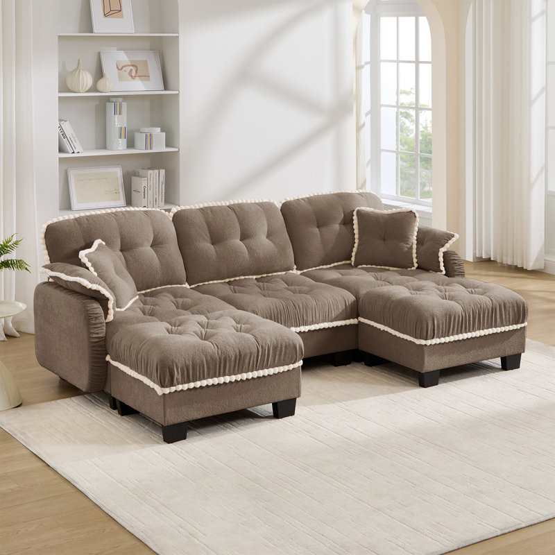 Canapé moderne en forme de U avec 4 coussins, pouf amovible, garniture à pompons, coussins capitonnés, design ergonomique, montage facile, canapé profond pour salon, bureau ou appartement