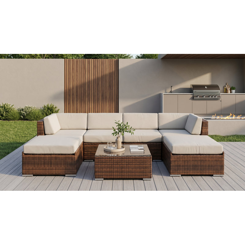 Billyjo Wicker 4 - Person Seating Group with Cushions - No Assembly, Canvas Natural Sunbrella® Canvas, Mixed Brown