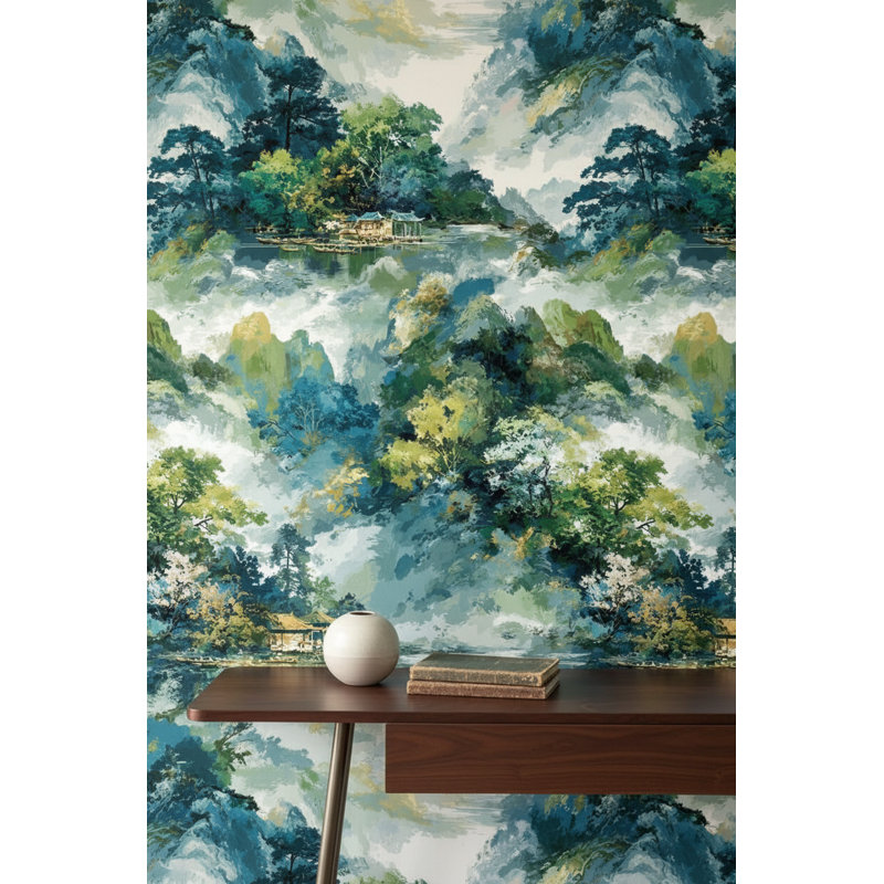 Papier peint traditionnel paysage verdoyant d'inspiration asiatique