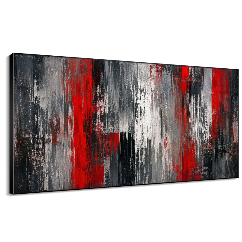Très grand reproduction d'art sur tissu - Composition abstraite rouge pour salon contemporain - "Assemblage requis (cadre non fini)"