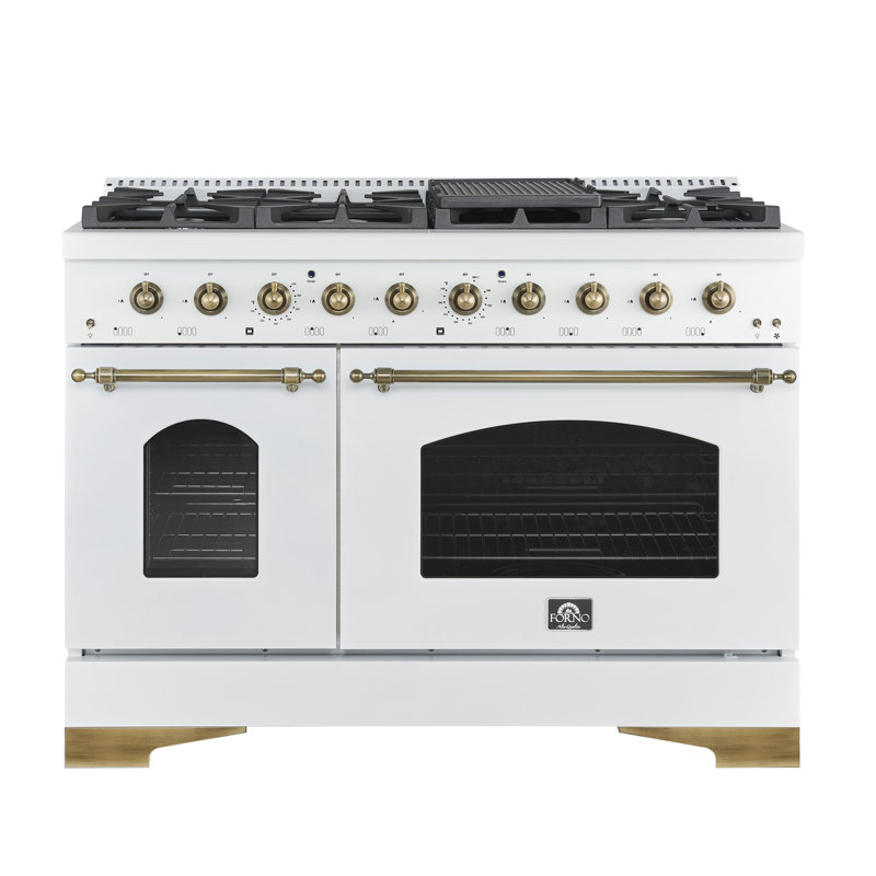 Forno Antico 48-inch Gas Range with 8 Sealed Burners 94,000 BTU, Griddle, 5.5 cu.ft. Double Ovens, Antique Brass Design, Energy Efficient