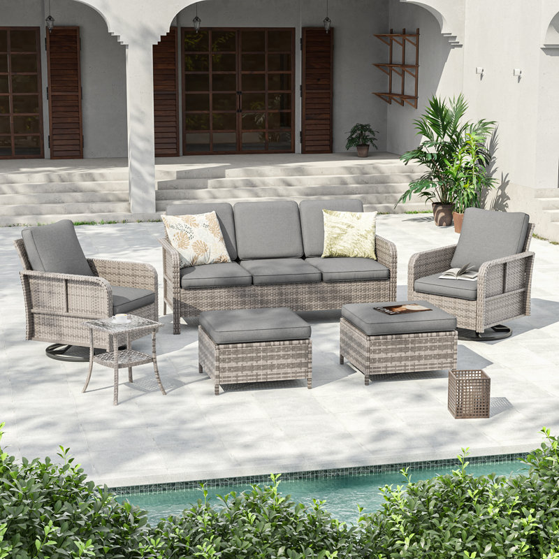 Ensemble de conversation de patio en rotin 6 pièces avec chaises berçantes et table pivotantes, Gris