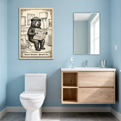 Bath & Laundry Bear lisant un journal dans une scène de salle de bain