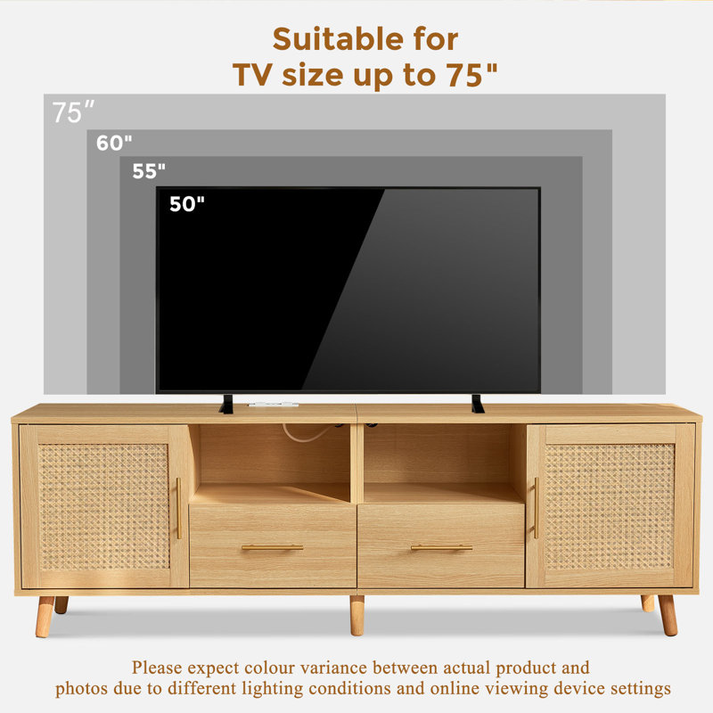 Natural Wood and Rattan TV Stand with LED Lights