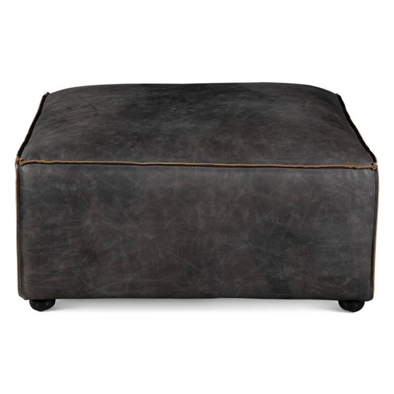 Chiavari Black Genuine Leather Ottoman with Iron Legs