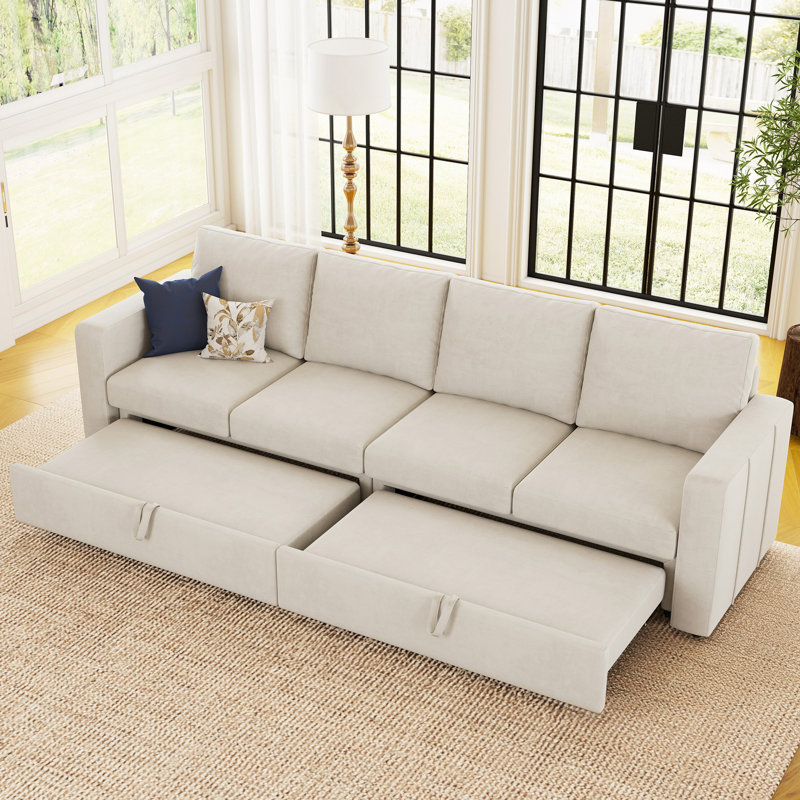Canapé-lit modulaire en velours chenille 4 places, Velours beige
