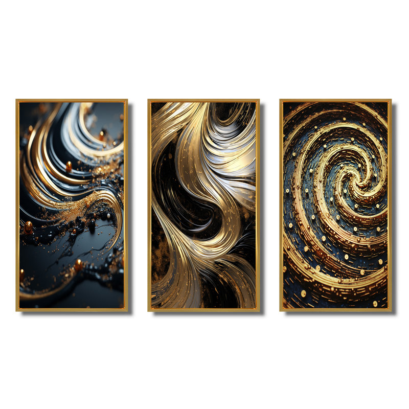 Ensemble de 3 pièces d'art rétro en spirale sur fond noir, Cadre flottant doré, H 28 po x l 36 po