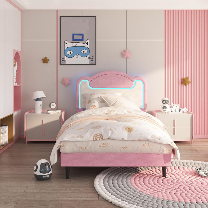 Upholstered Bed Frame, Fabric Headboard with LED Lights, Wooden Crossbar Support, No Box Spring Needed, Pink(Drawerless)