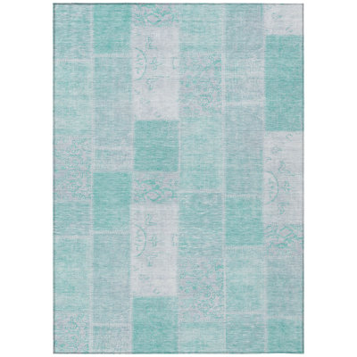 10' X 14' Aqua Teal Blue And Silver Patchwork Washable Indoor Outdoor Area Rug
