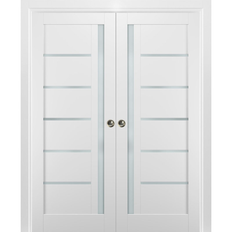84" x 84" White Frosted Glass Solid Wood Double Pocket Doors
