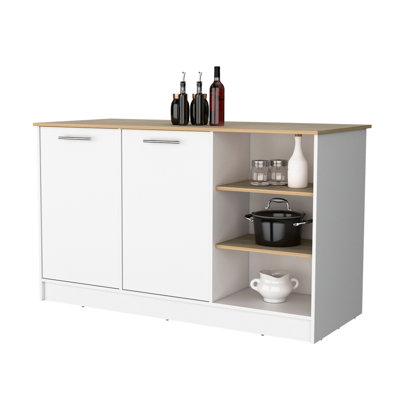 Îlot de cuisine avec tablettes ouvertes et espace clos en frêne blanc 2 portes style moderne