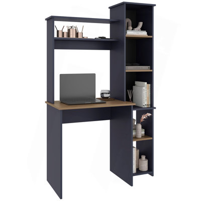 Writing Desk, Modern Studio or Office Desk, Two Superior Shelves, And Five Side Open Shleves For Books Organization