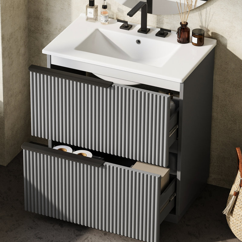 30" Bathroom Vanity In Gray, With Ceramic Sink, Dual System, Soft Close Function, Fluted Design, Spill Basin, 8" Pre-Drilled Faucet Holes, 17.5" , -Proof Structure Gray Extension Drawers, Slides,