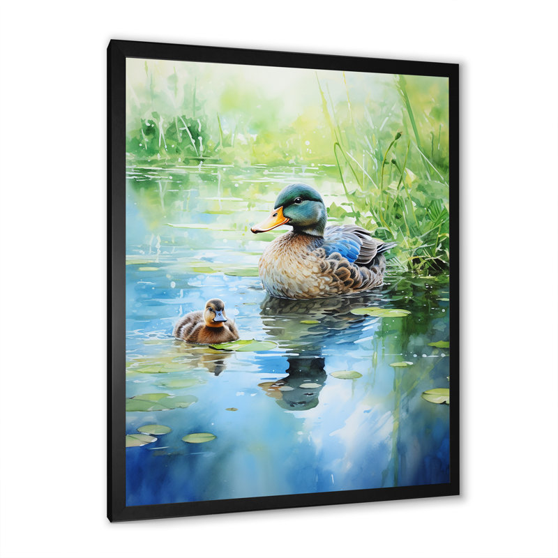 Duck Pond Reflections II - Canard, art mural, H 20 po x l 12 po x P 1 po, Cadre simple noir
