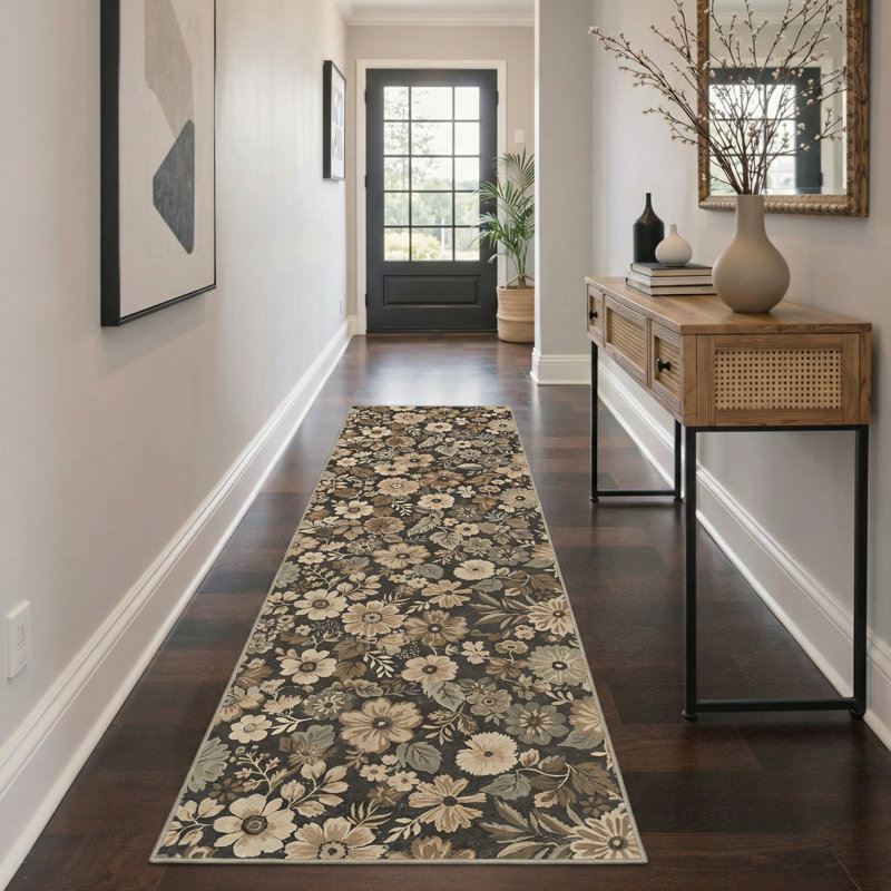 Blossom Vintage Floral Machine Washable Brown Indoor Area Rug with Non-Slip Backing, Runner 2' x 6'