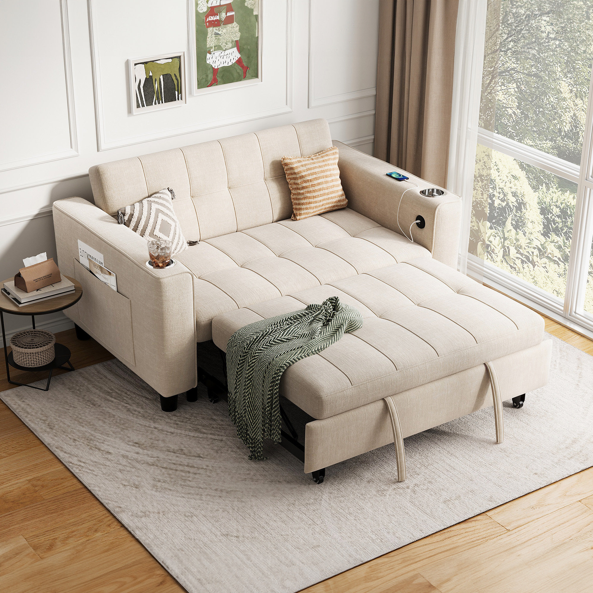 Ebern Designs Adjustable Backrest Multi-Functional Chenille Sofa Bed With USB Charging & Reviews | Wayfair
