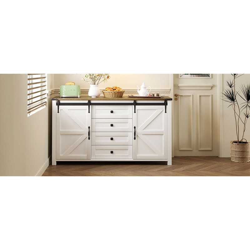  Armoire de rangement 55,1 po avec 4 tiroirs et portes de grange coulissantes, buffet de ferme pour la cuisine et la salle à manger, blanc